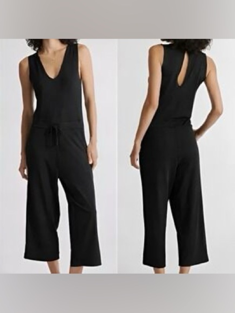 Quince Black French Terry Modal Jumpsuit V Neck Wide Leg Crop